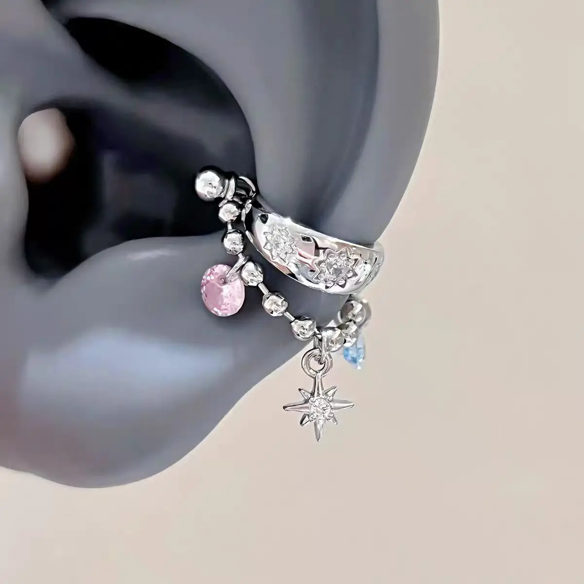 1pc Trendy Korean Dopamine Water Drop U-Ring Ear Stud Color Zircon Stainless Steel Y2K Chain Pendant Star Hoop Ear Bone Piercing
