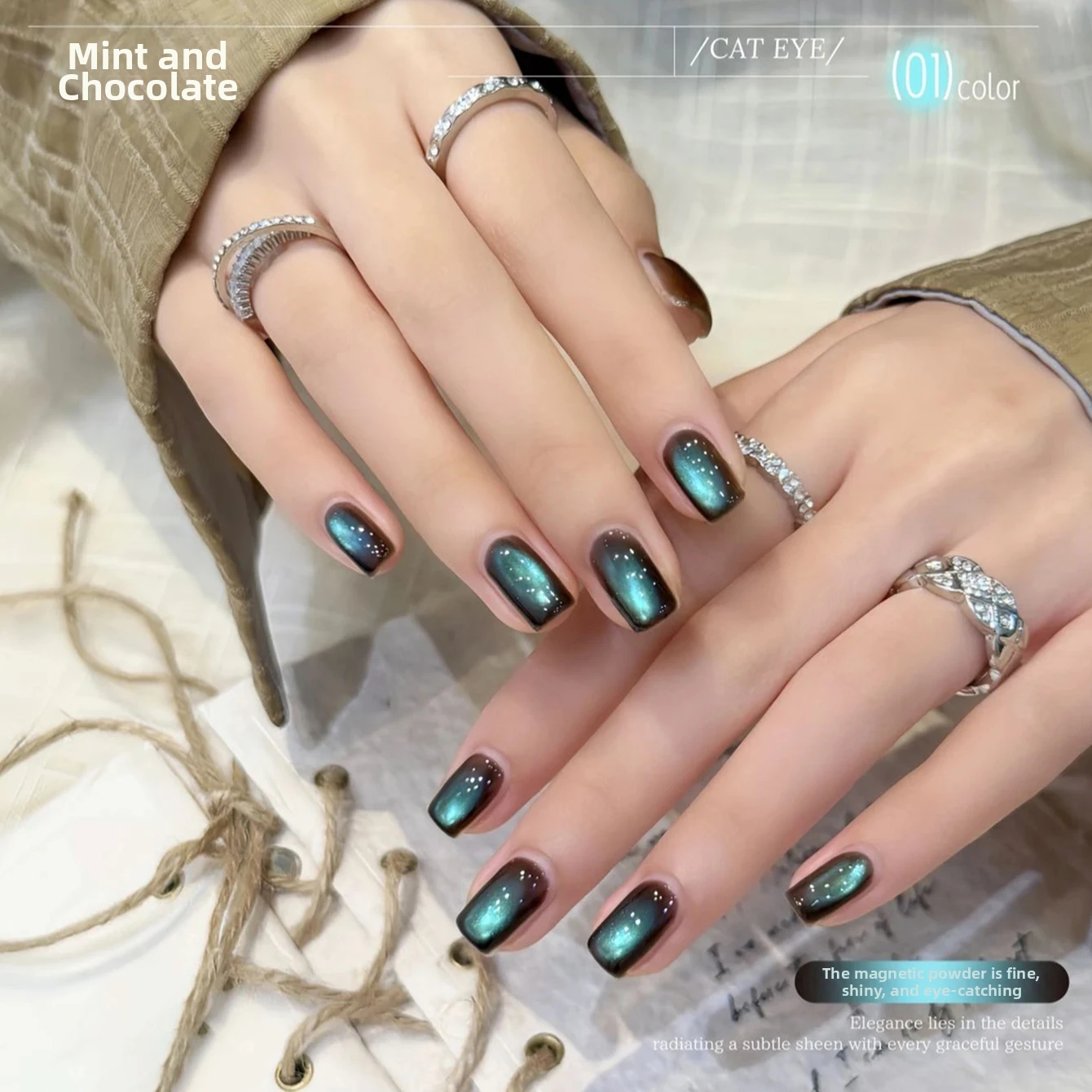 Mint Chocolate Cat Eye Gel Polish 2026 Fall New Arrival Blazing Shimmer Mint Blue-Green Glass Bead Nail Art Ultra Sparkling