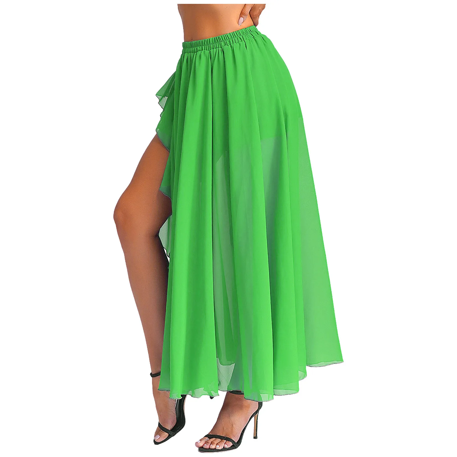 Womens Belly Dance Flowy Chiffon Skirt Elastic Waistband Cascading Ruffles Side Split Swing Skirt Bellywood Dance Costume