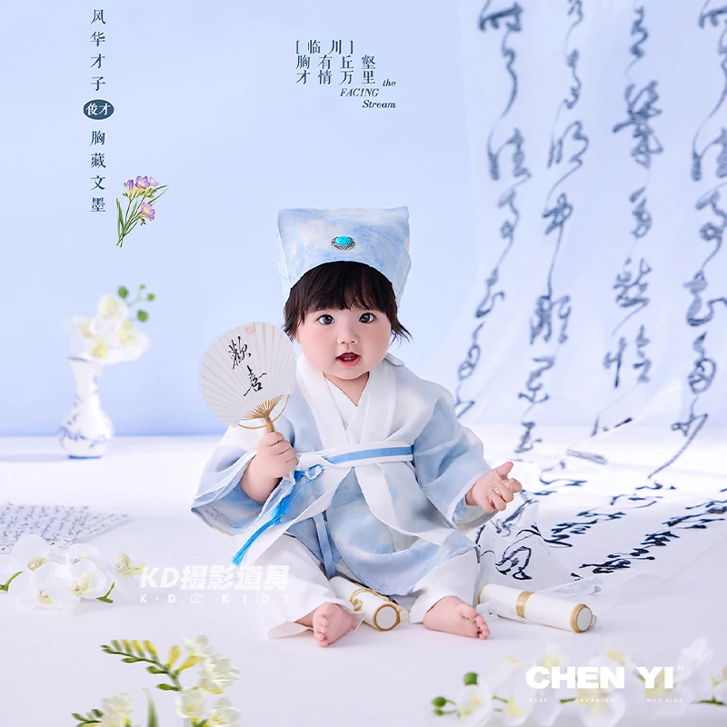 100-days-baby-photoshoot-traditional-hanfu-costume-set-newborn-chinese-scholar-style-outfit-with-hat-fan-for-studio-photography
