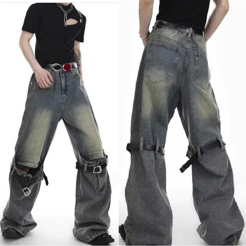 

Men's Flared Pants Spliced Belt Decoration Jeans American Style High Street Wide Leg Straight Denim Pants