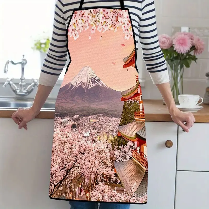 1pc,Mount Fuji With Cherry BlossomsSuitable For Ladies And Gentlemen A Kitchen Cooking Apron That Is Essential For Household Cho