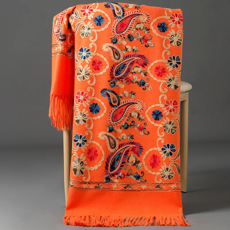 Luxury Floral Embroidered Cashmere Scarf Women Winter Warm Pashmina Shawls and Wraps Lady Tassels Foulard Blanket