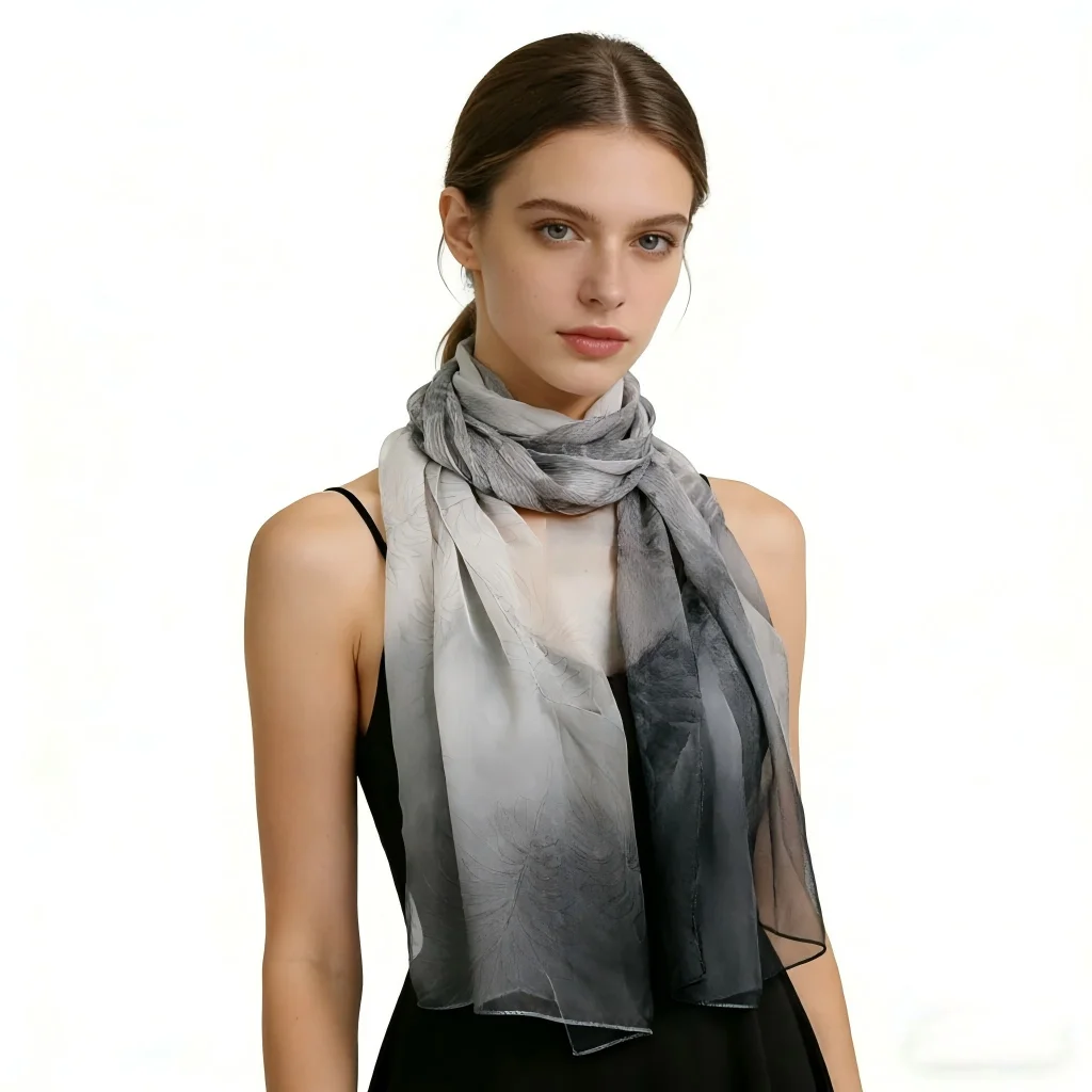Écharpe longue en mousseline de soie dégradée à motif feuille, douce et soyeuse, pour femme, châle de plage, foulard en voile, schal, foulard de soie