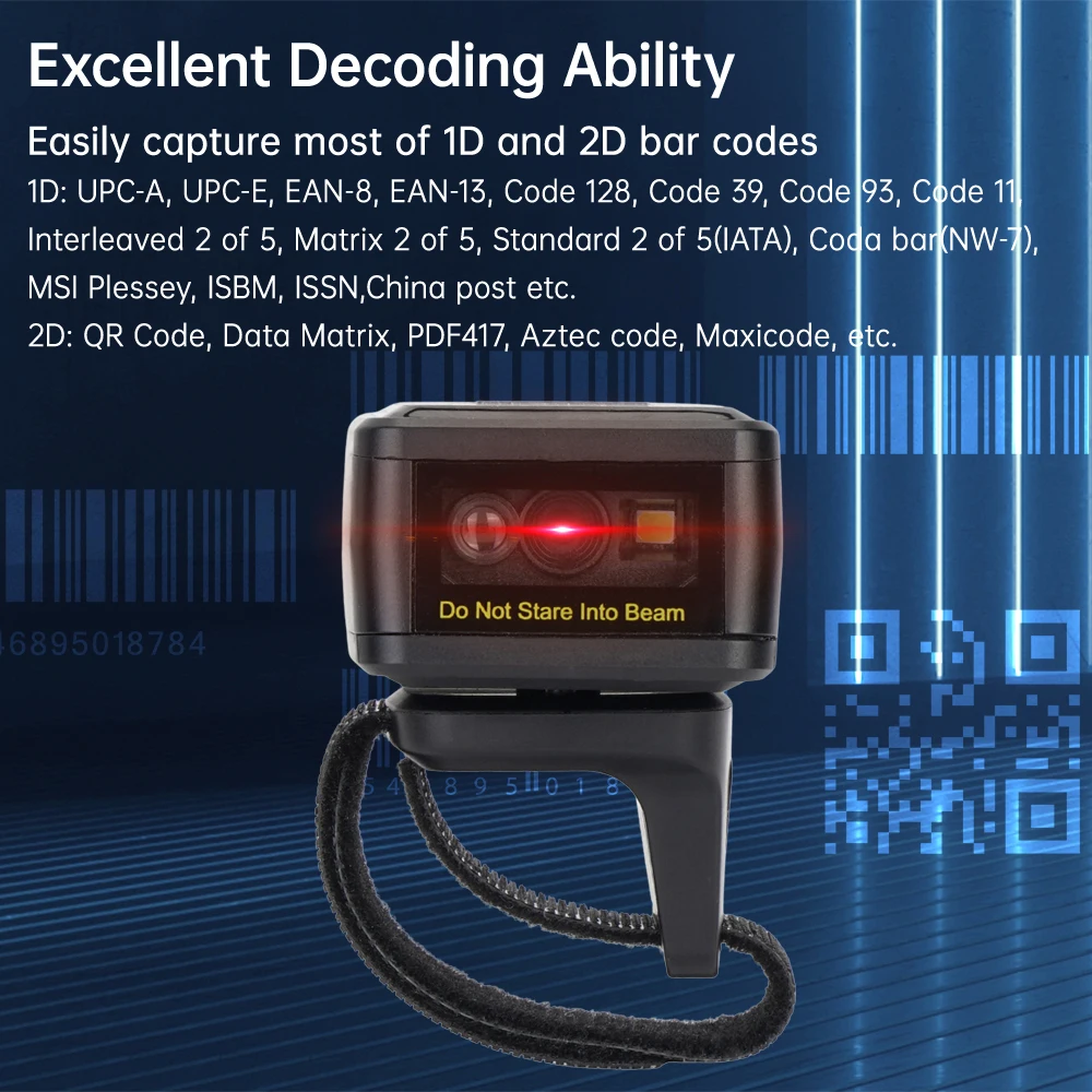 2D Barcode Scanner Portable Finger Handheld Wearable Ring 1D 2D Bar Code Reader BT+2.4G Wireless and Wired Connection