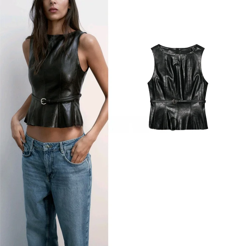 

Новый осенний женский топ из искусственной кожи с эффектом Faion Svel и поясом, круглый цветной полиэстер с застежкой на одной пуговице