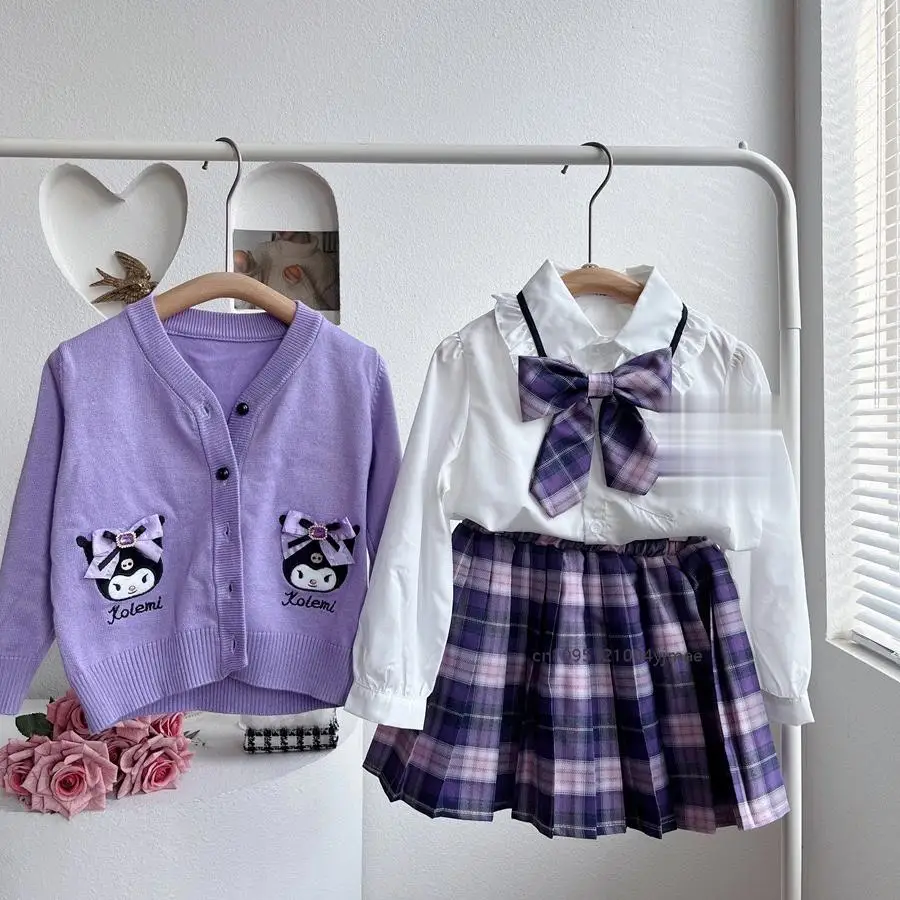 

Anime Sanrio 3Pcs Kuromi Melody Girls' Jk Plaid Skirt Set Fashion Cardigan Pleated Skirt Kids Spring Autumn College Style Teen