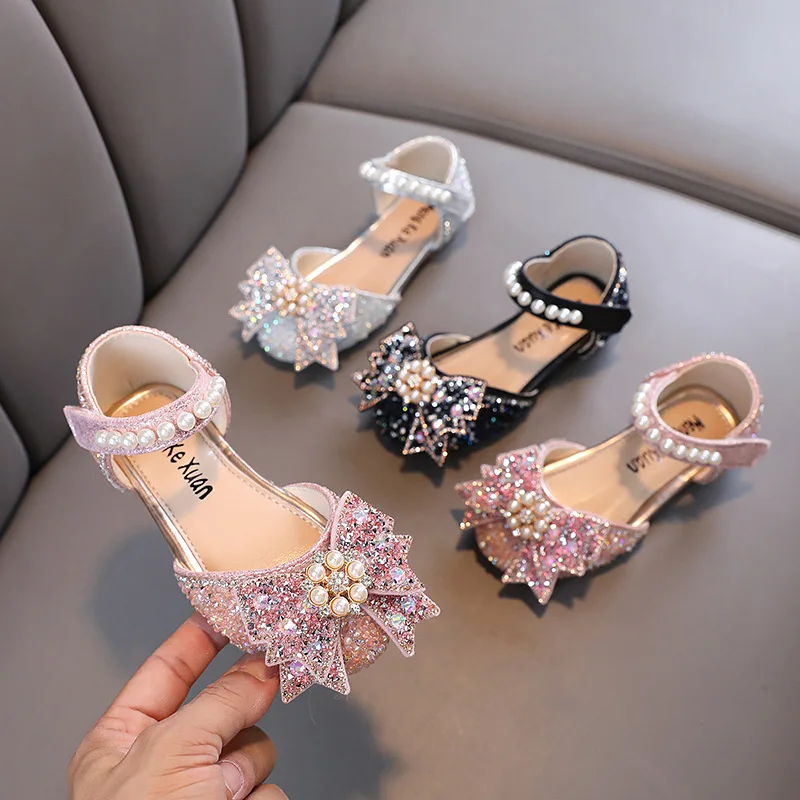 Sandal perempuan manis musim panas sandal putri berlian imitasi berpayet anak-anak Fashion sepatu dansa lembut mutiara anak-anak H952