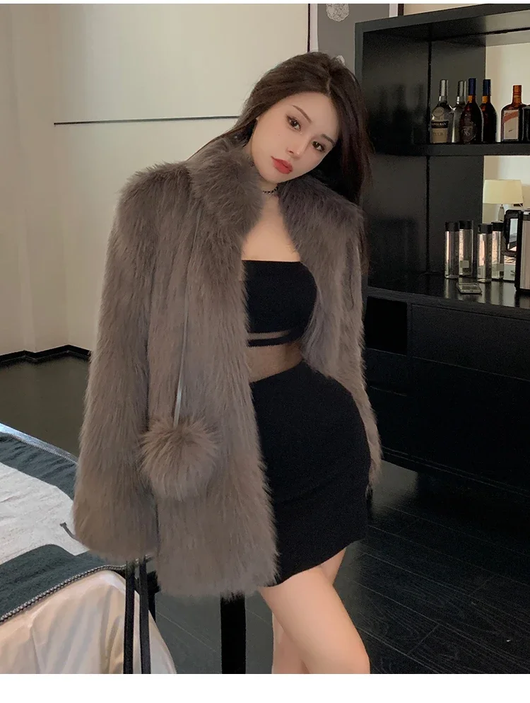 FANIECES Luxury Faux Fox Fur Long Coat Women Winter Stand Collar Loose Collarless Fake Fur Jacket Warm Outerwear норковая шуба