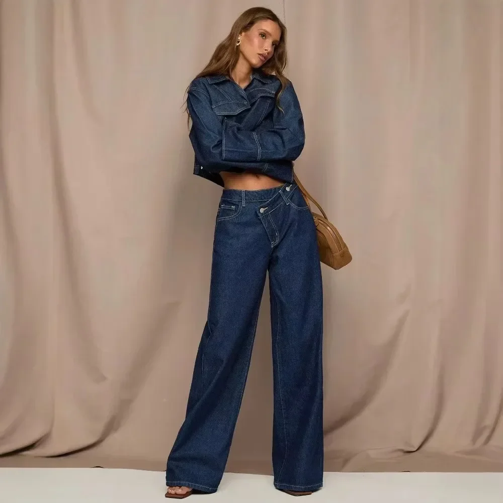 Women Asymmetrical Placket Straight Leg Jeans High Waist Vintage Washed Raw Denim Niche Streetwear Chic Denim Pants