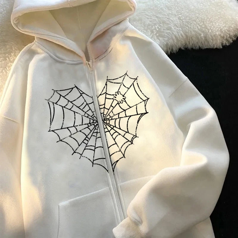 spider web print jacket y2k jacket loose new retro long sleeve fleece jacket zip hoodie halloween sports fashion couple hoodie