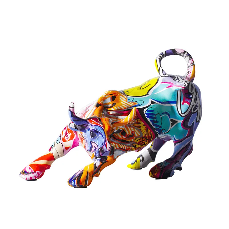 Bull Statue Handcrafted Resin European Colorful Decor Water Transfer Printing Creative Graffiti Art for Living Room Entryway