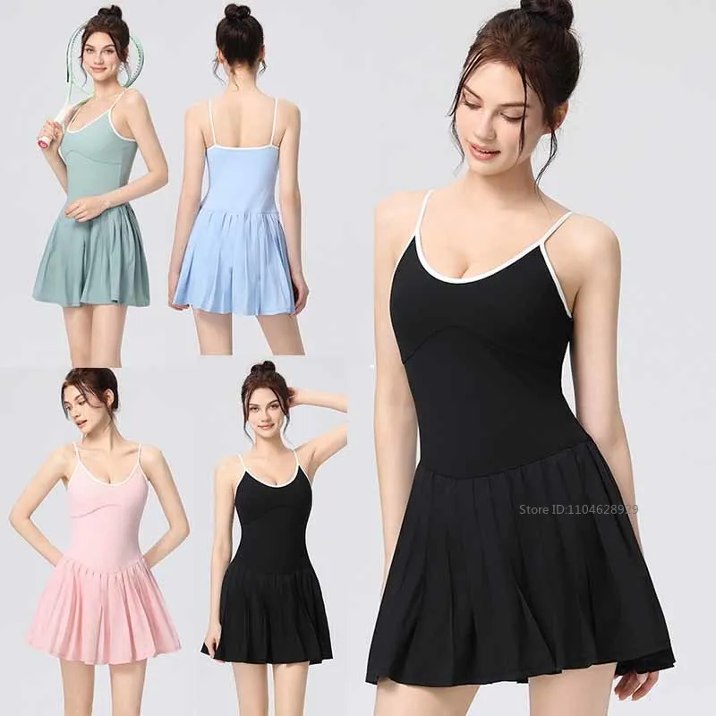 Women Color Block Yoga Tennis Dress with Bra and Shorts Ladies Pleated Athletic Sport Cami Dress Quick-Dry Slim Fitness Skirts