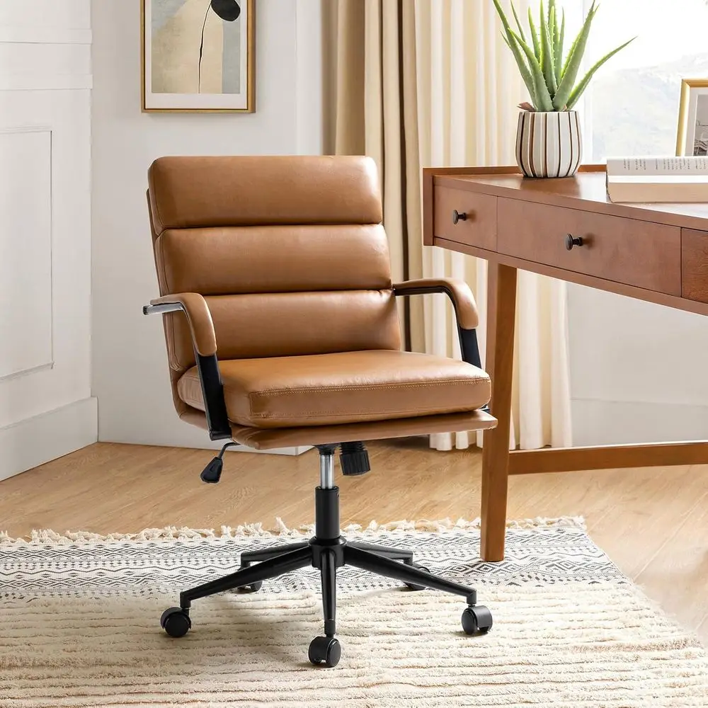 Modern Faux Leather Home Office Chair  with Lock & Metal Base, Desk Chair with Wheels & Padded Cushion, 360° Swivel Wide Seat