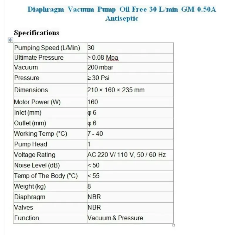 Diaphragm Vacuum Pump Oil Free 30 L/min GM-0.50A Antiseptic