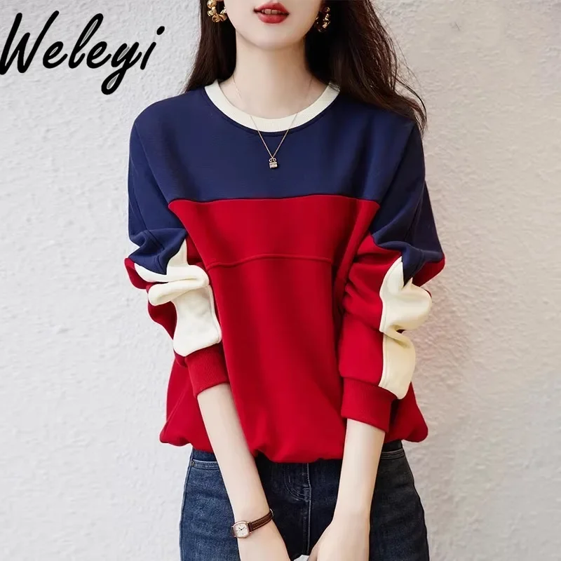 

Women's Crew Neck Color Matching Sweatshirt Autumn Winter Casual Loose Versatile Cotton Warm and Thickened Tops Bottoming Shirt