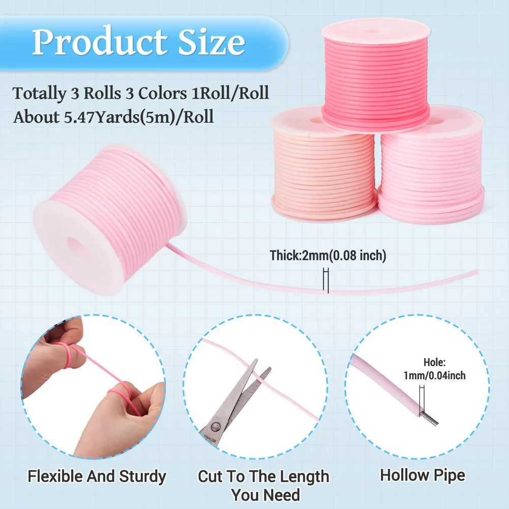 3Rolls Mixed Color 2mm Hollow Pipe Tubular Rubber Cord Threads For Hoop Earrings Bracelet DIY Jewelry Making Findings