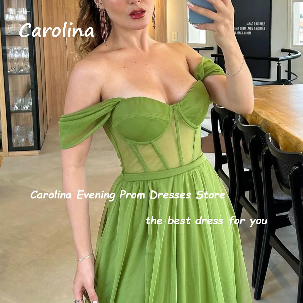 Carolina Green Off The Shoulder Tulle A-LINE Prom dress 2024Slim Sweetheart Backless Zipper Up Floor-Length Formal Evening Dress