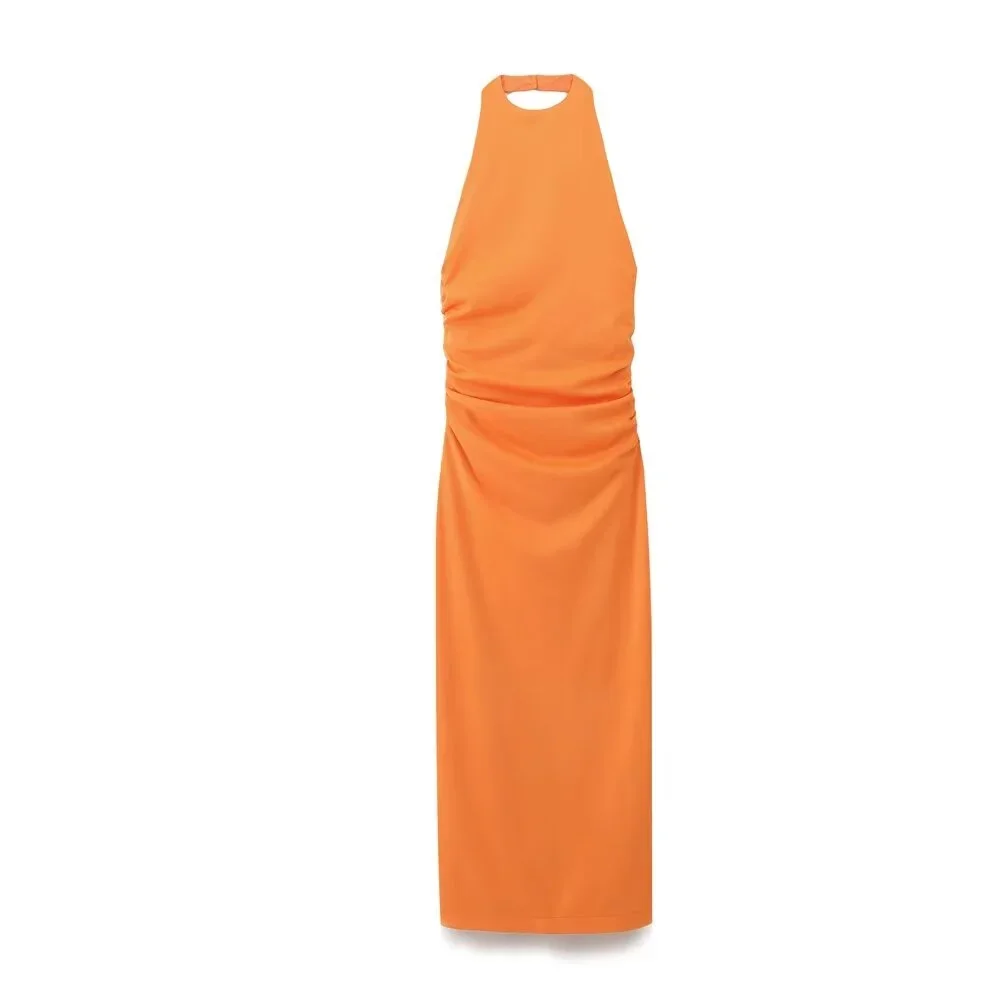 

LIBIELIY LIBIELIY 2025 Summer New Women's Niche High-end Feeling Backless Hanging Neck Collar Pleated Knitted Fabric Midi Dress