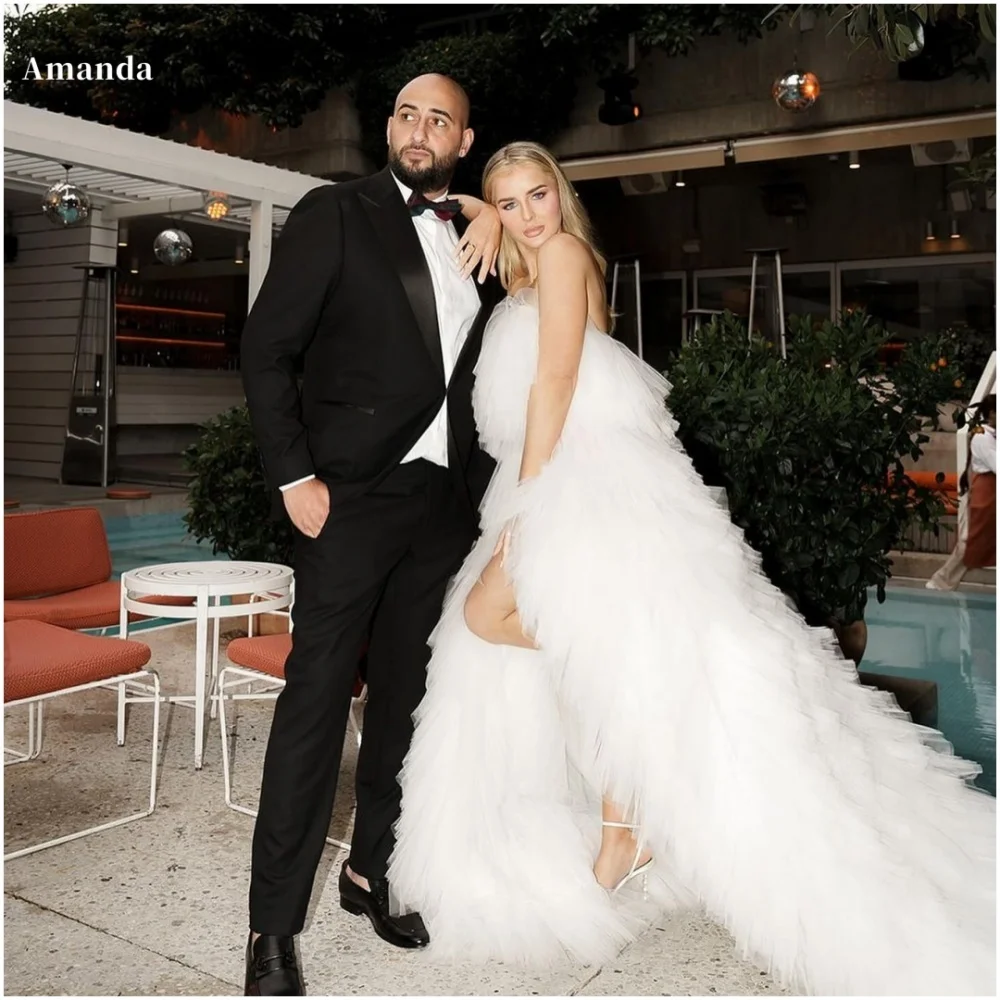 Amanda branco extravagante multi-camadas tecido de malha vestido feminino sem alças فسات evimaverafenda lateral vestido de casamento personalizado