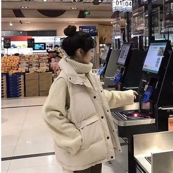 

Women Winter New Down Cotton Vest Korean Version Loose Sleeveless Vest with Lapel Short Bread Coat Solid Color Cardigan