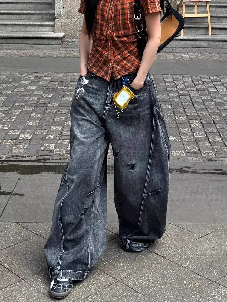 

Black Jeans Women Vintage High Waisted Cargo Jeans Straight 2026 Summer Casual Loose Big Size Wide Leg Denim Baggy Pants Y2K