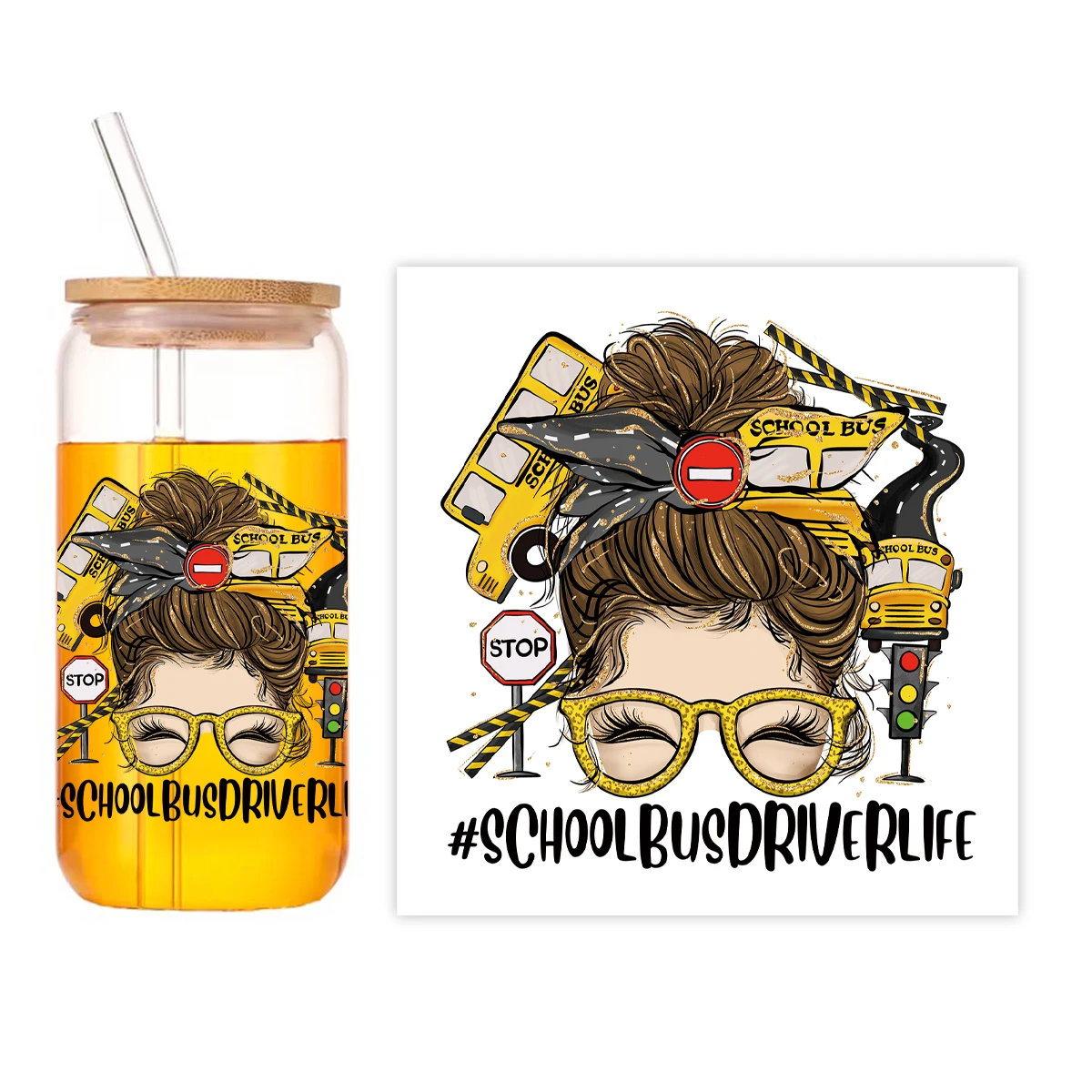 1Pc School Bus driver Themed UV DTF Cup Stickers, Glass Cups Wrap Transfer Stickers Glass Stickers for Cups