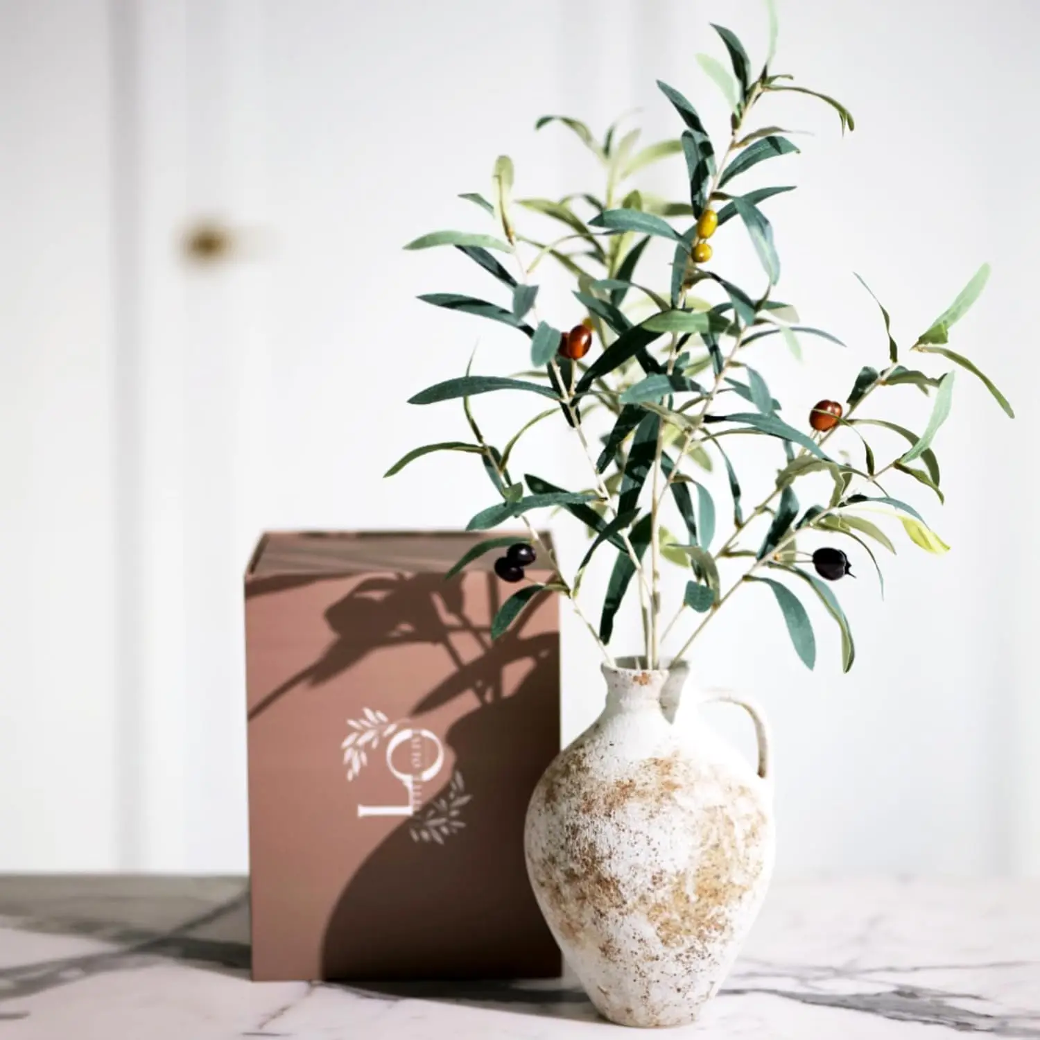 Inch Rustic White Vase - 24 Inch Olive Branches for Vase Included - Large Ceramic Vase for Fake Plants Decor - Beau