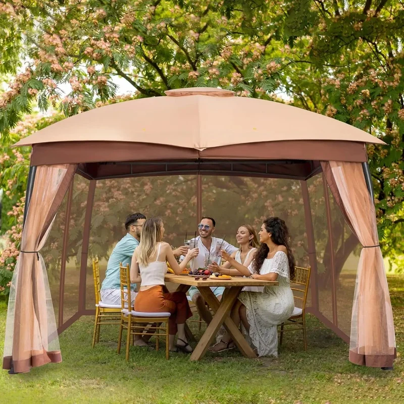10x10 Outdoor Gazebo with Double Vent Canopy, Heavy Duty Steel Frame, Waterproof Design, Portable with Privacy Netting Screen