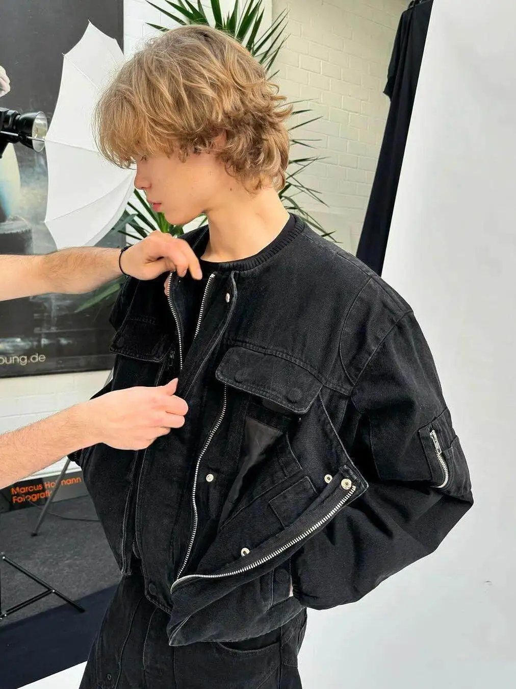 No Faith Studios Metal buckle zip shoulder padded detachable denim flight bomber cotton jacket