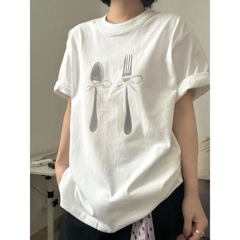 Women's Spoon Fork Bow Print T-Shirt Crew Neck Rolled Sleeve Loose Fit Casual Summer Tee