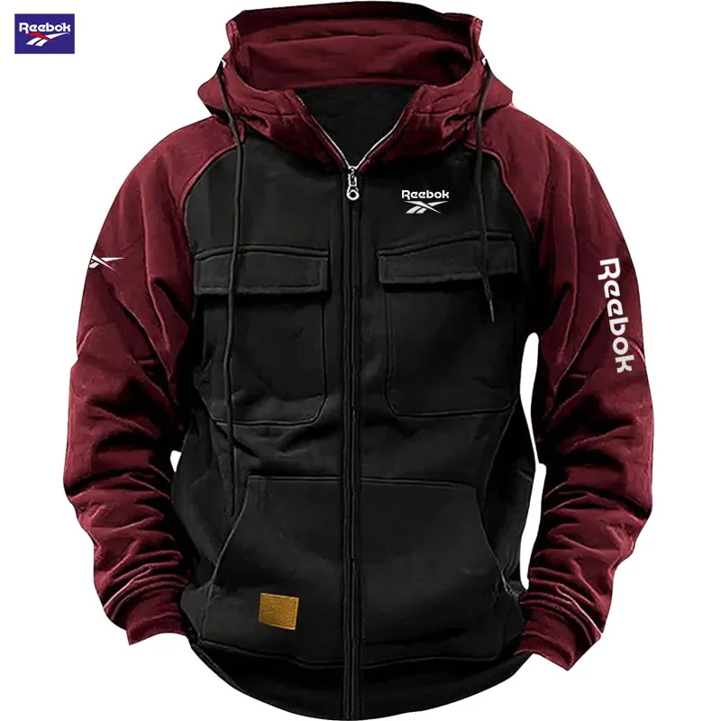 2026 Reebok New Autumn-Winter Men's Hooded Patchwork Casual Sweatshirt, Loose-Fit Fashionable Youth Multi-Pocket Padded Hoodie
