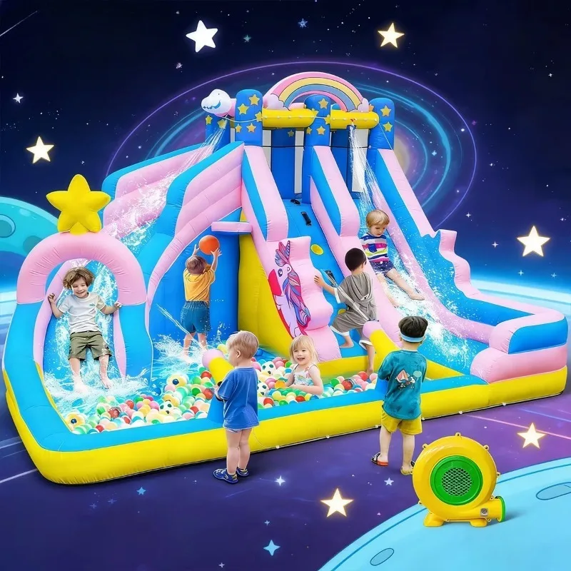 Kids Wet‑Dry Inflatable Bounce House Water Slide, Oxford Fabric Backyard Playground with Sprinkler Splash Pool for Outdoor Fun