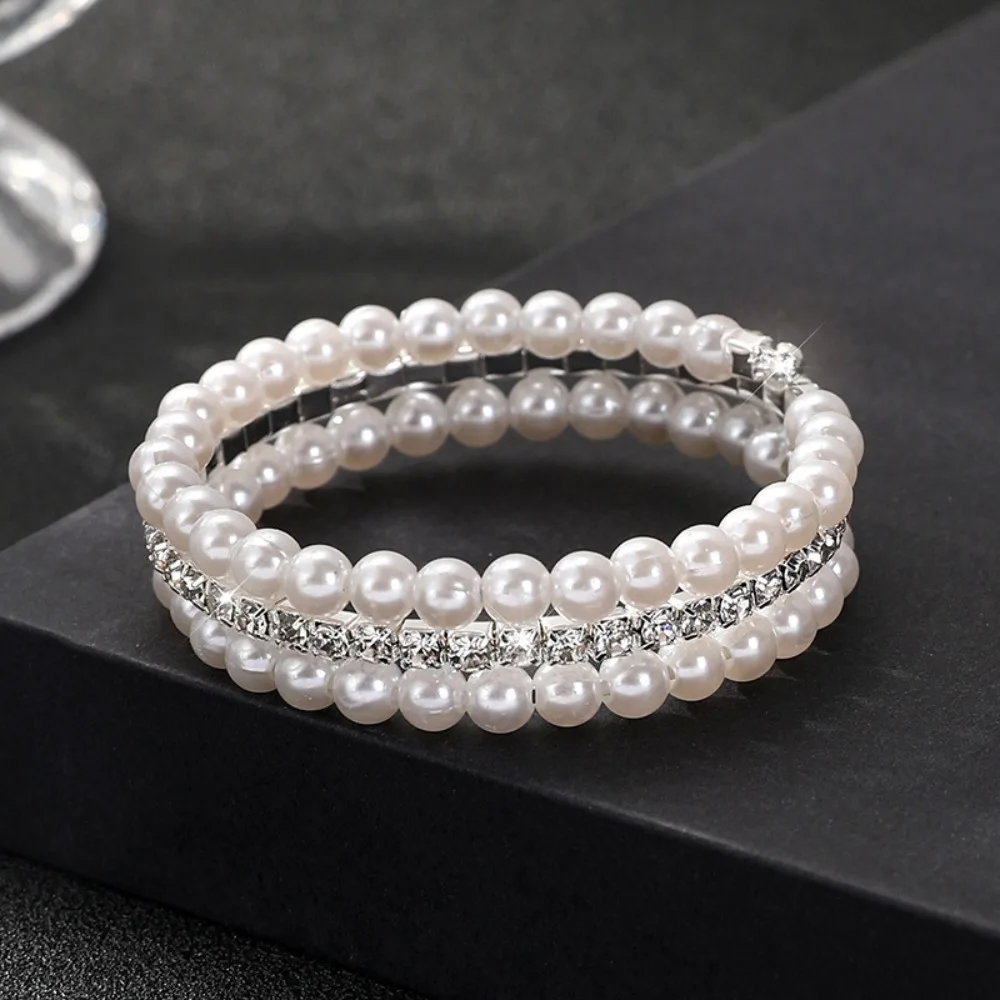 Multiple Shining Rhinestone Crystal Bracelet Pearl Cubic Zirconia Wide Hand Wrist Bracelet For Women Girl Bridal Wedding Jewelry