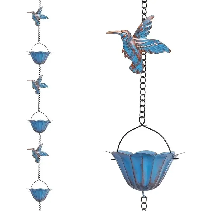 Garden Eaves Decoration, Rain Chain, Hummingbird And Cup Shaped Outdoor Rain Chain, Vintage Style Rain Chain Pendant