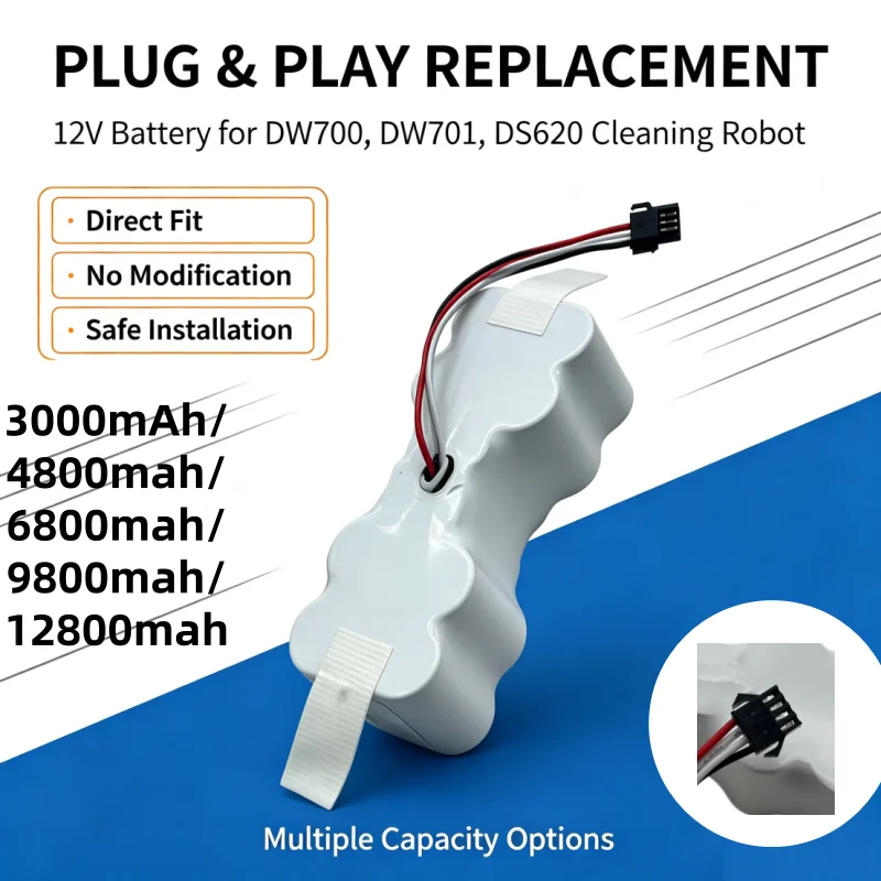 12V 3.0Ah-12.8Ah Replacement Battery Compatible with Ecovacs DW700, Miaomiao DW701, DS620 Sweeping Robot Accessories