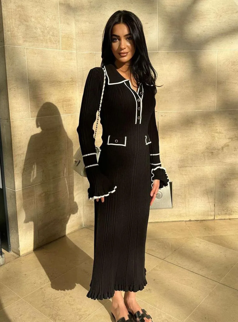 Knitted Dress for Women Fashion Vintage Long Sleeve Dresses Color Blocking Button Midi New Autumn Winter Dresses
