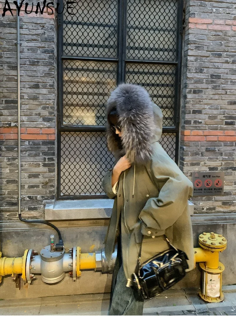 AYUNSUE Female Detachable Wolf Fur Liner Clothes Big Raccoon Fur Collar Womens Mid-length Parka Winter Jacket Woman Loose Fit