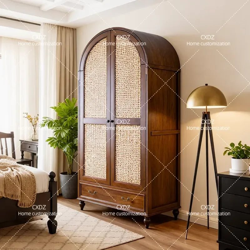 Modern Simple Solid Wood Wardrobe with Rattan Double Doors Household Bedroom Storage Cabinet Locker
