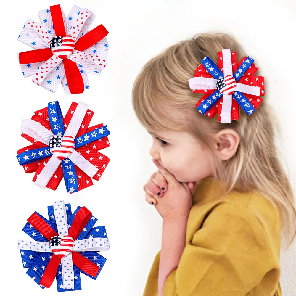 

30 PCS/Lot, 4th of July Ribbon Flower Hair Clips 3.5" Patriotic Hair Flower Alligator Clips For Kids Girls Hair Accessorie