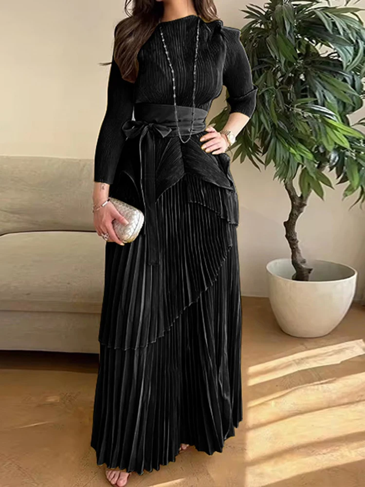 LANMREM Pleated Two-piece Set For Women Turtleneck Lace-up Gathered Waist Tops With Irregular Lantern Skirt 2024 New 2Z1926