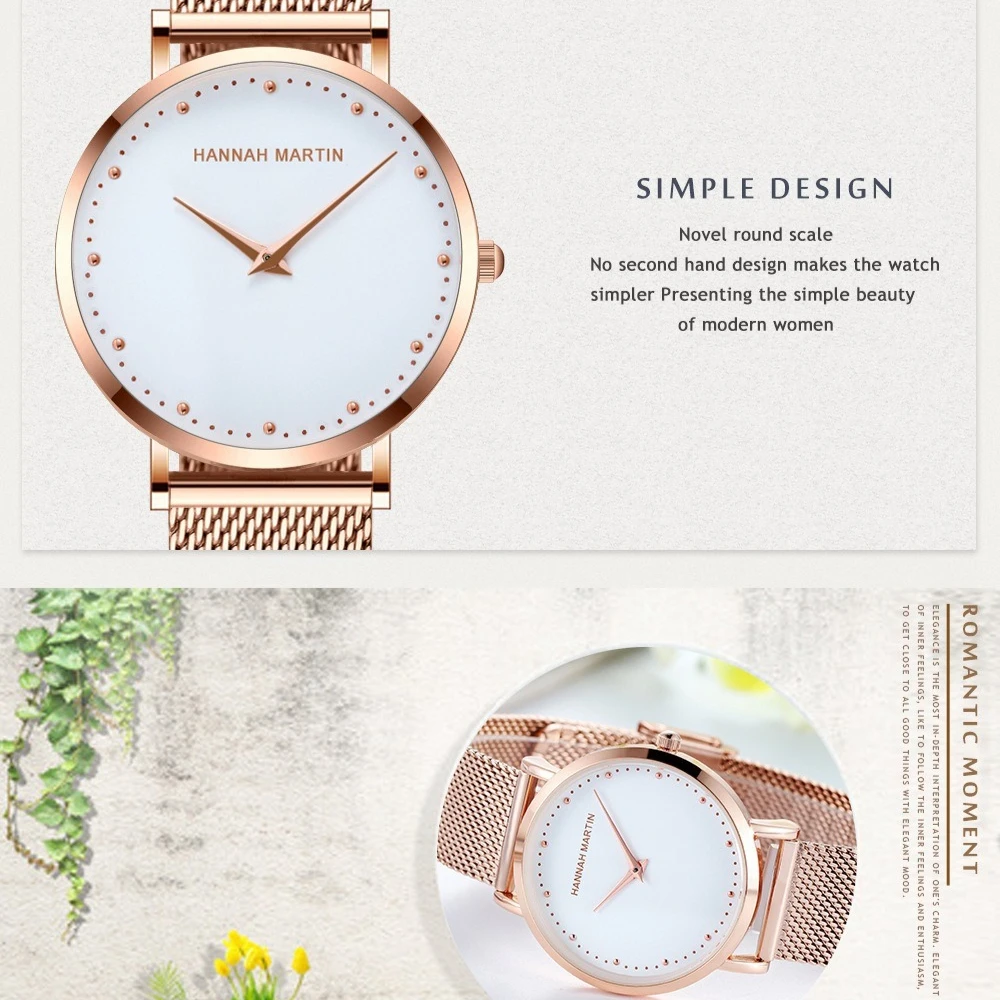 هانا مارتن MD36 العلامة التجارية الفاخرة أزياء المرأة كوارتز ساعة برشام مقياس شبكة من الاستانلس استيل حزام ساعات أنيقة للمرأة