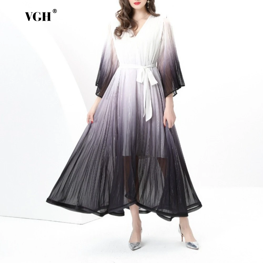 

VGH Gradient Color Elegant Spliced Lace Up Dresses for Women V Neck Flare Sleeve High Waist Patchwork Ruffles Midi Dress Female