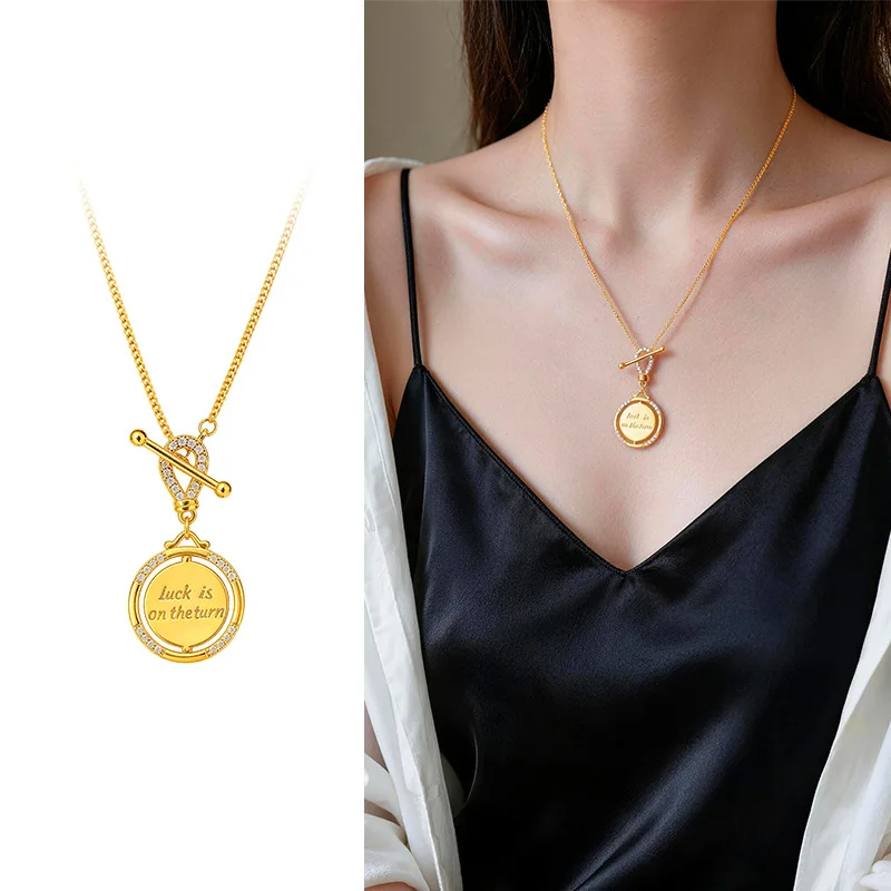 Retro women's luxury 9999 24K real gold dot diamond English rotating coin sweater meets OT necklace clavicle chain gift