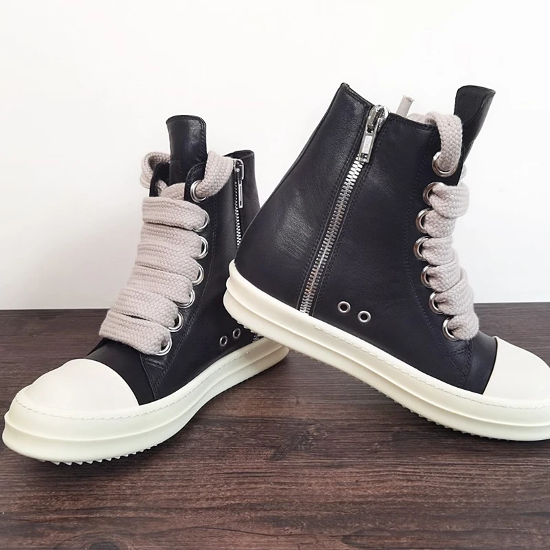 Sapatos casuais de couro para homens e mulheres, tênis preto com cadarço, cadarço jumbo, monocromático, na moda