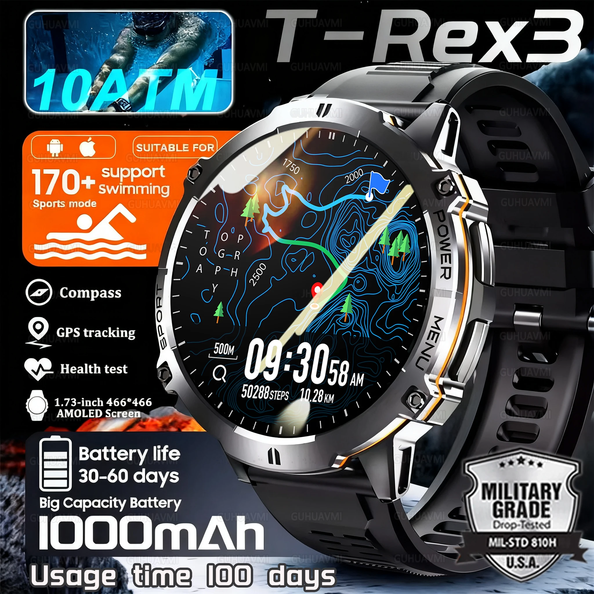 

2025 ГОРЯЧИЕ Новые T-REX3 SmartWatch 1000 мАч Большая батарея Прочный компас 10 АТМ Водонепроницаемая тактика 170 + Спортивные HD-вызовы Смарт-часы для мужчин