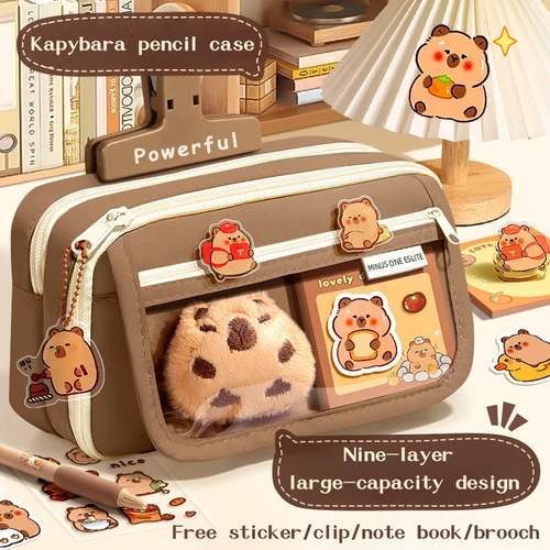 Imagen 2 del producto Bolsa de lápices de gran capacidad, bolsa de soporte de papelería de lona de dibujos animados de capibara con broches, pegatinas, clips, llaveros, estuche de bolígrafo para niños