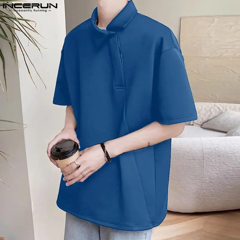 2024 Men Shirt Solid Color Lapel Short Sleeve Loose Summer Korean Casual Men Clothing Streetwear Fashion Male Shirts INCERUN