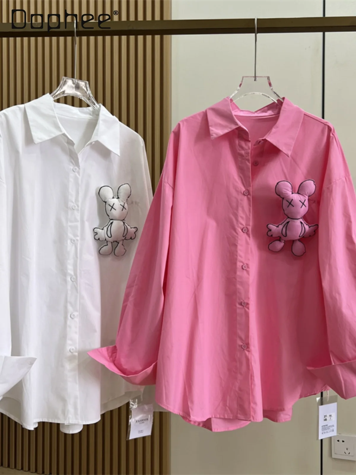 

Fashion Three-Dimensional Doll Solid Color Shirt Female 2024 Spring New Loose Mid-Length Long Sleeve Cartoon Shirt Womens Tops