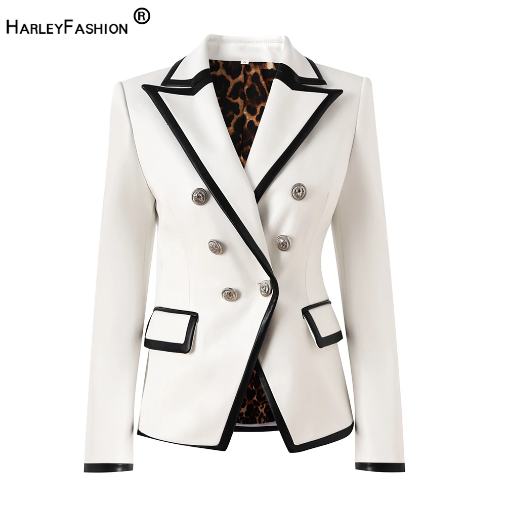 Unique Fall Winter Black Contrast Color White PU Leather Patchwork Jackets Leopard Printing Linging Luxuy Fashion Women Blazers